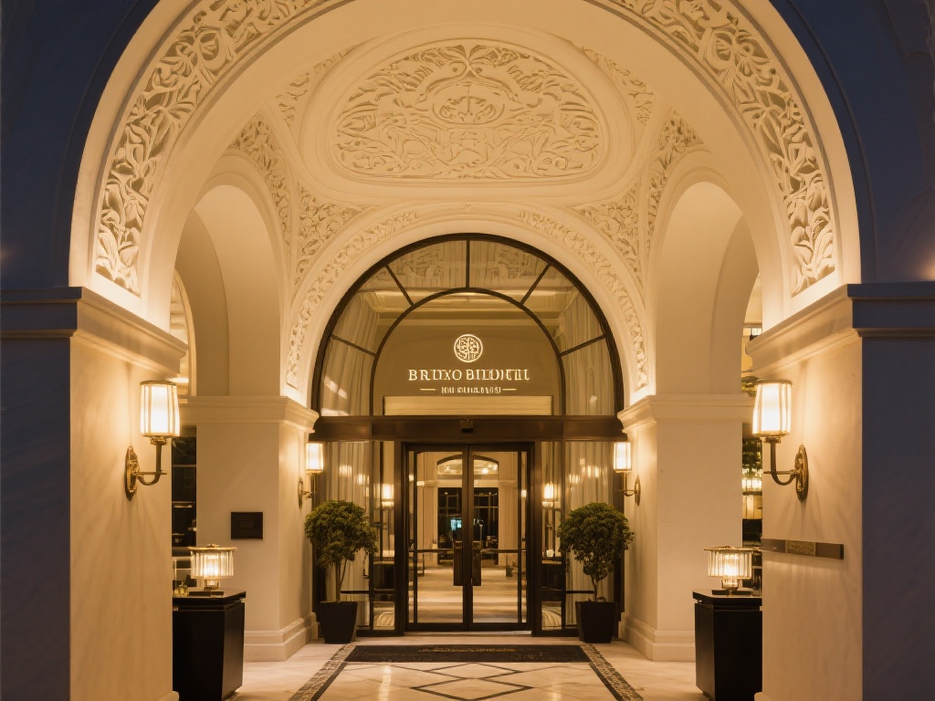 例如，酒店入口处的拱形天花板以艺术雕刻装点，体现精
